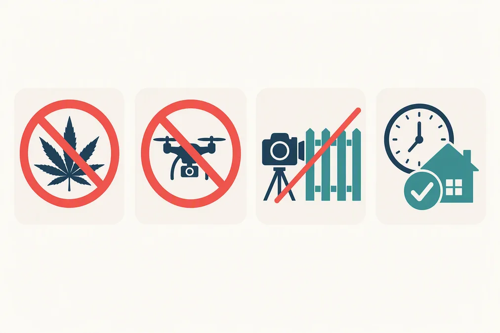 A simple four-icon graphic of laws visitors break by accident: drugs, drones, photographing restricted sites, and late registration