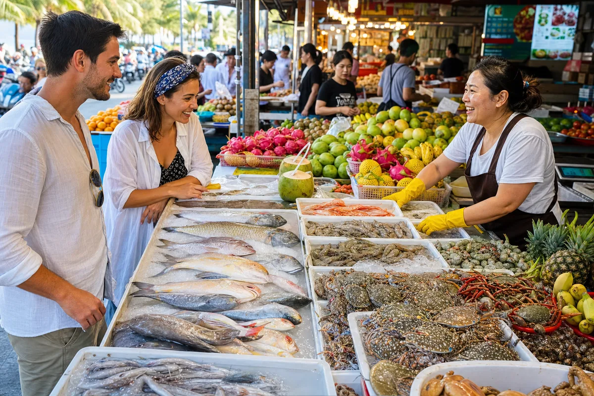 Fresh seafood and tropical fruit at a Sanya market in Hainan