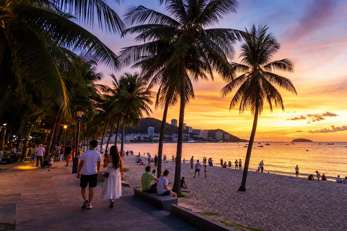 Sunset beach promenade at Dadonghai bay in Sanya