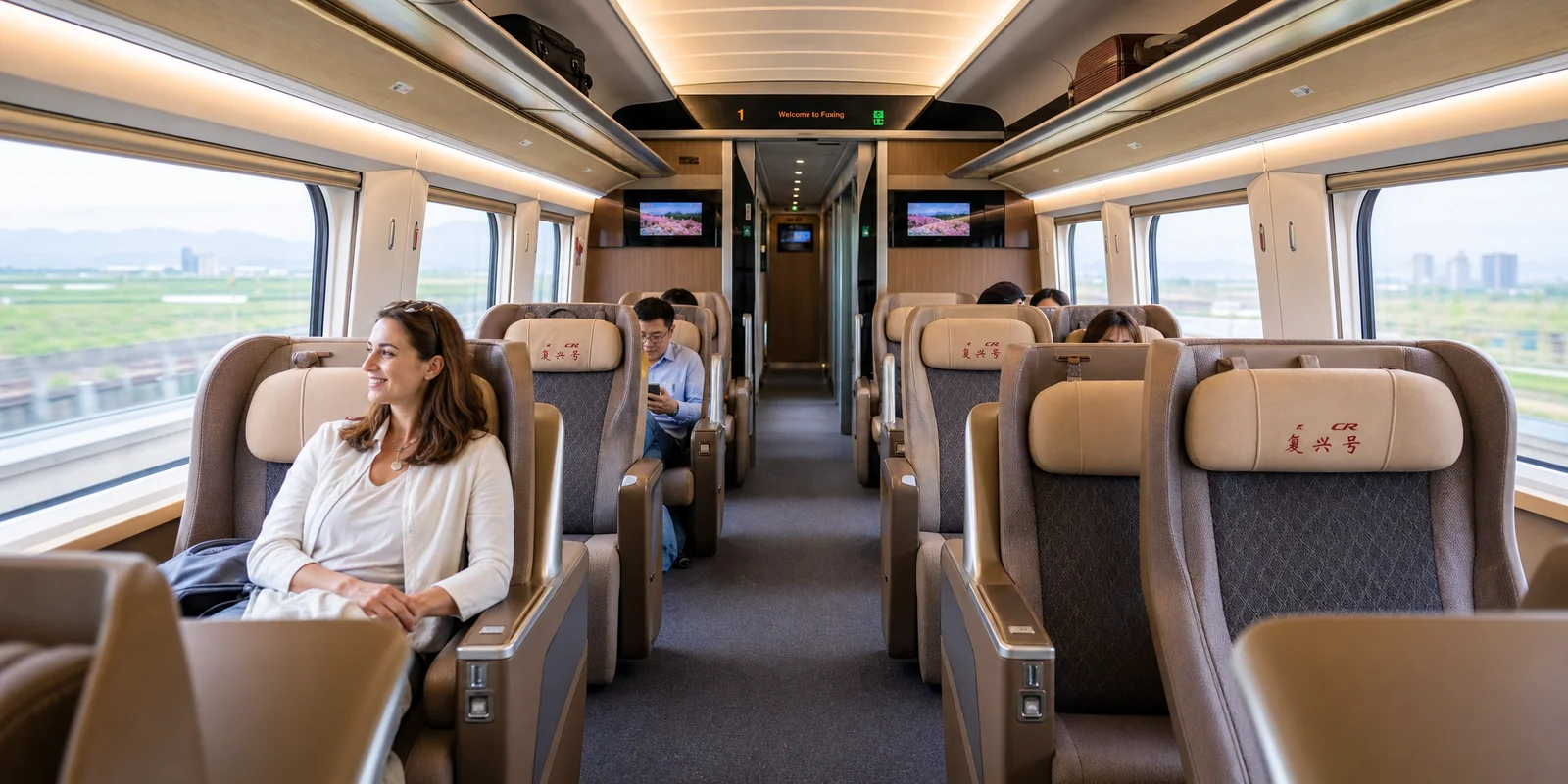 Interior of a China high-speed train First Class carriage with 2+2 seating