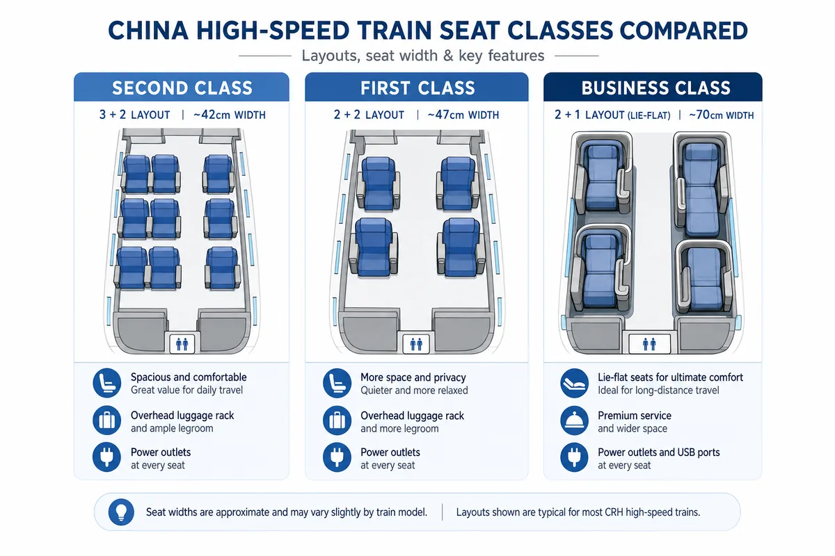 Infographic comparing Second, First, and Business Class seat layouts on China high-speed trains