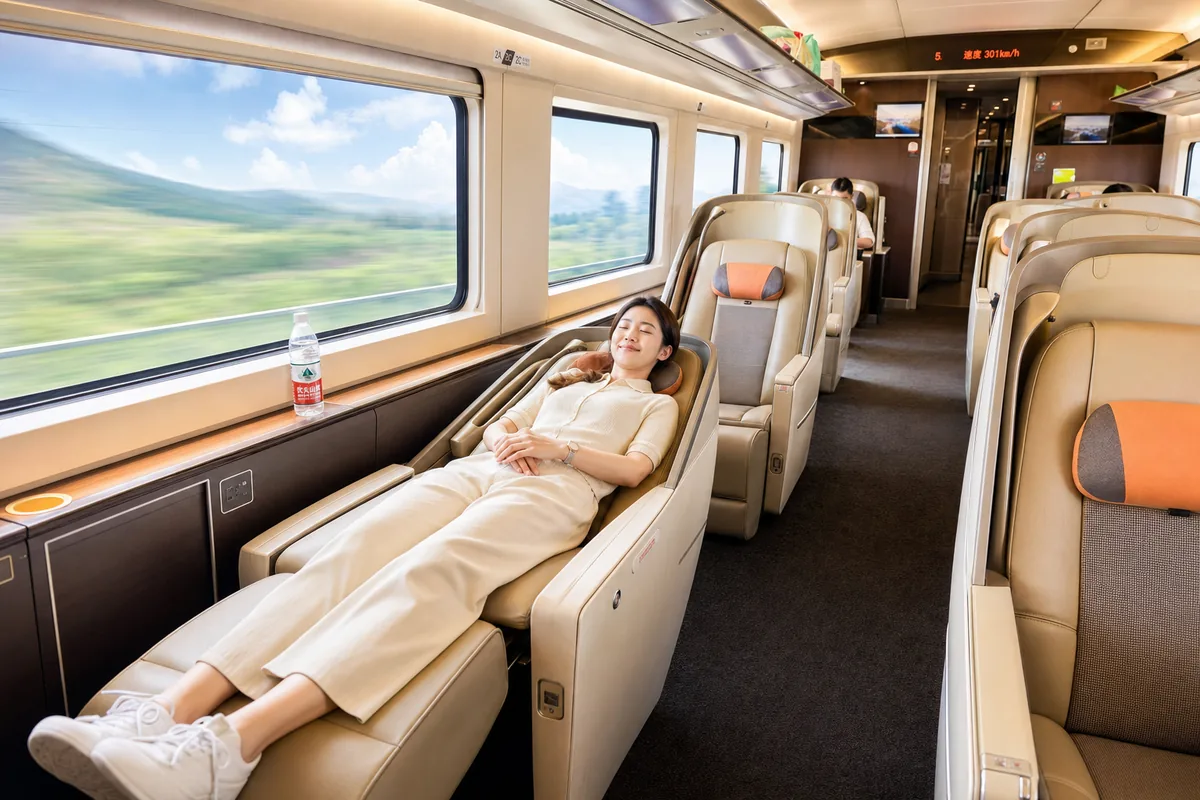China high-speed train Business Class seats reclining near flat in a 2+1 layout