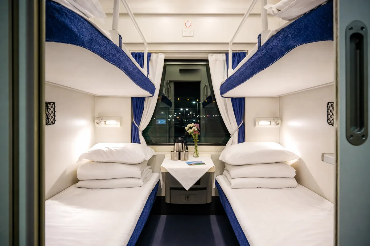 Soft Sleeper cabin on a China overnight train with four berths and a window