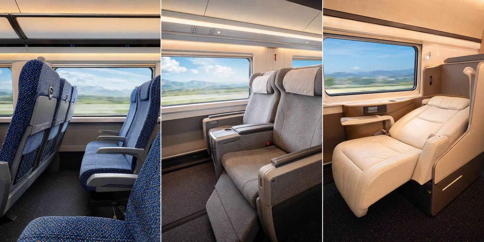 Three panels showing a second-class row, a first-class seat and a lie-flat business-class seat on a Chinese high-speed train