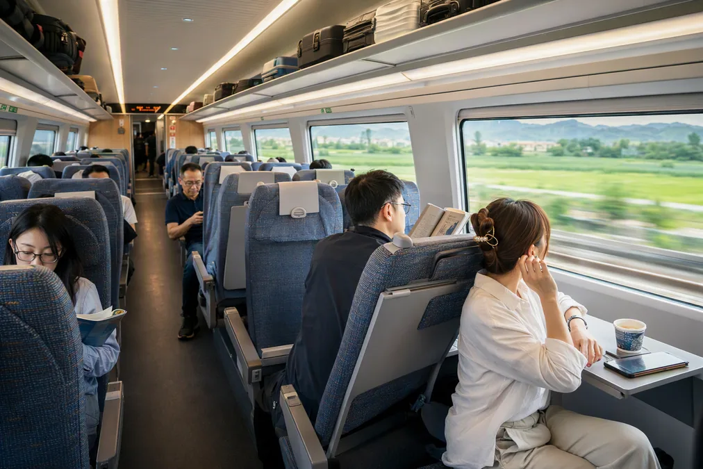 Second-class seats on a Chinese high-speed train with a tray table folded down and scenery passing the window
