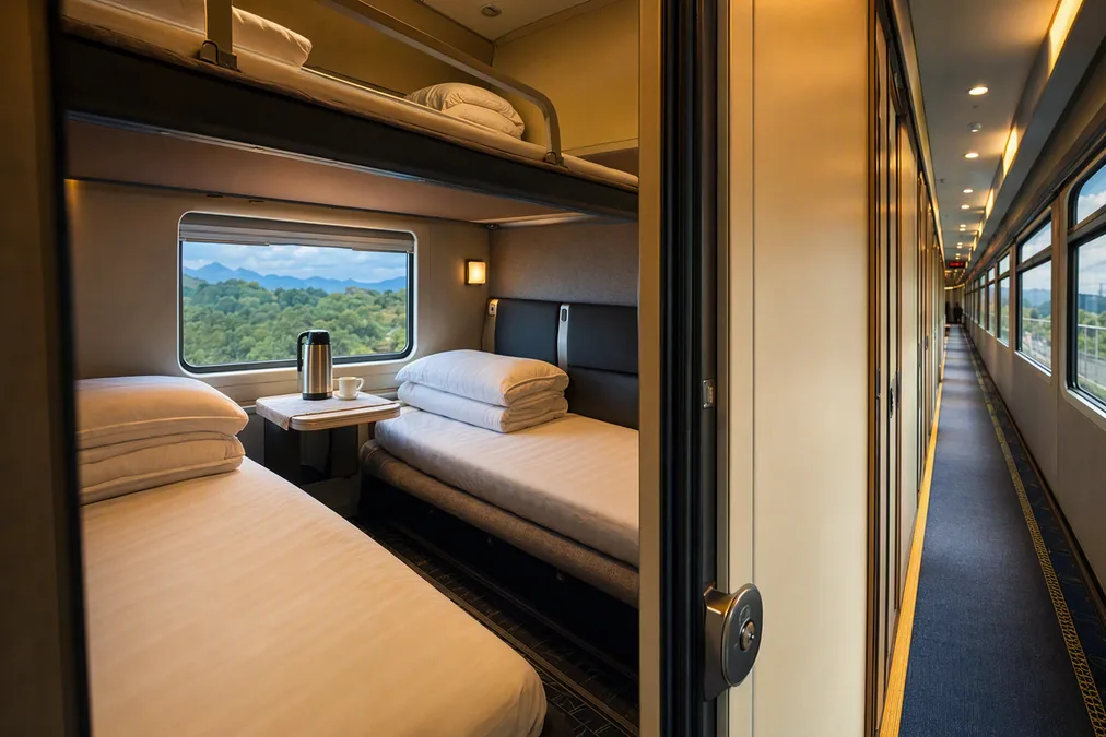 A soft sleeper compartment on a Chinese overnight train with made-up bunks and a small table by the window