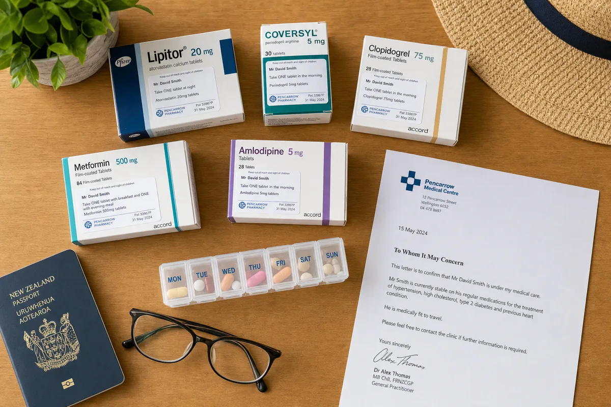 Travel medication kit with labeled boxes, a doctor's letter and passport laid out on a table