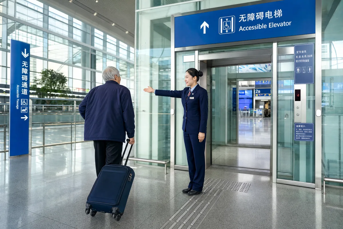 Older traveler using an elevator and barrier-free route inside a modern Chinese high-speed rail station