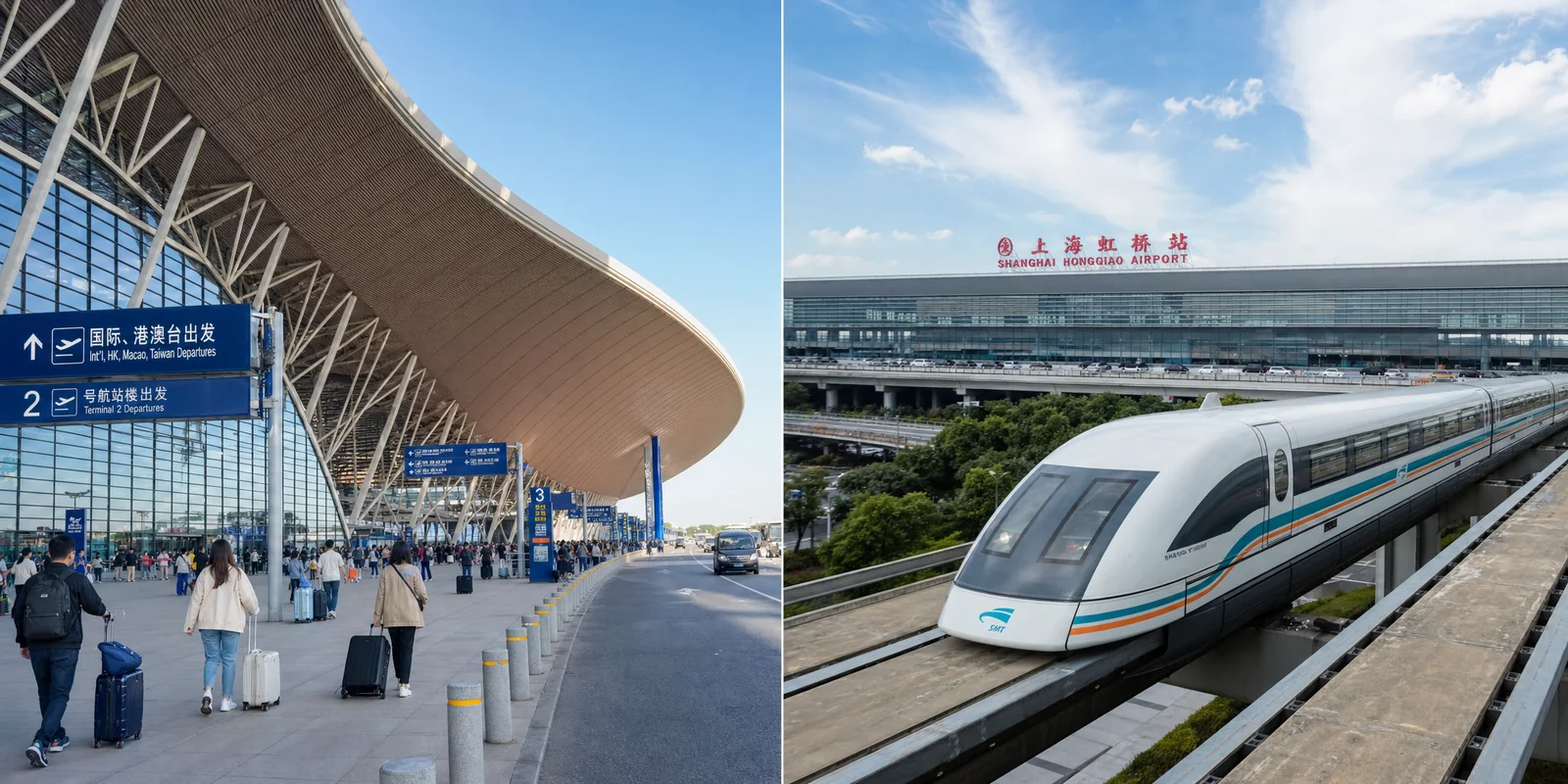 Shanghai's two airports side by side: Pudong International terminal and Hongqiao terminal with maglev train