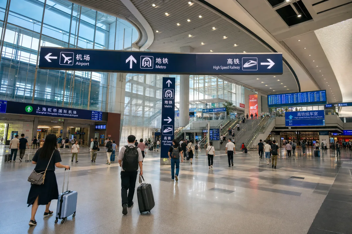 Inside the Hongqiao transport hub connecting the airport terminal, metro, and high-speed railway station