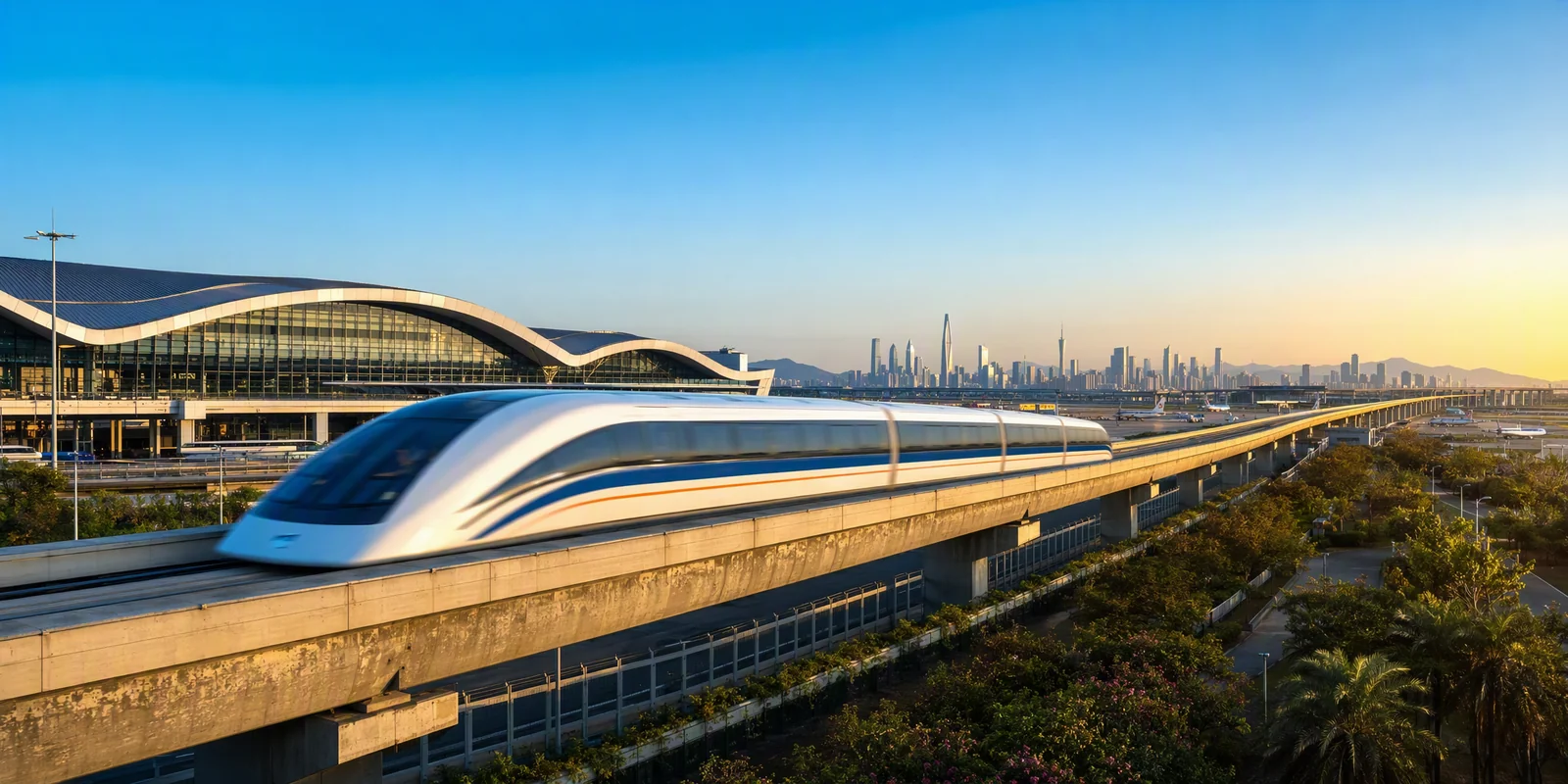 The Shanghai maglev train on its elevated track leaving Pudong Airport with the city skyline in the distance