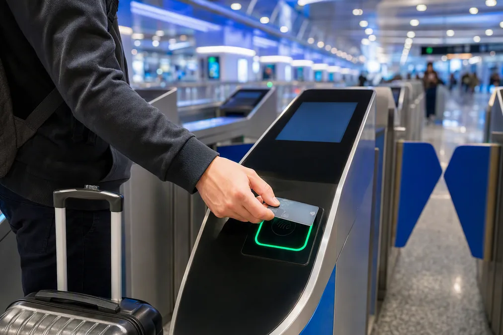 A traveler tapping a bank card at the maglev ticket gate at Pudong Airport