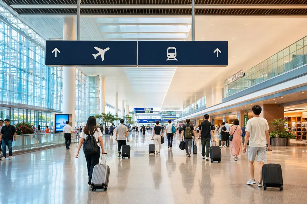The wide indoor walkway of the Hongqiao hub linking Terminal 2 with Hongqiao railway station