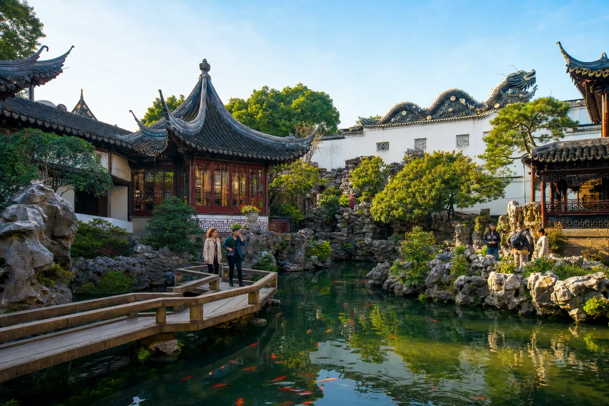 Classical pavilions, rockery and pond inside Yu Garden in Shanghai's old city
