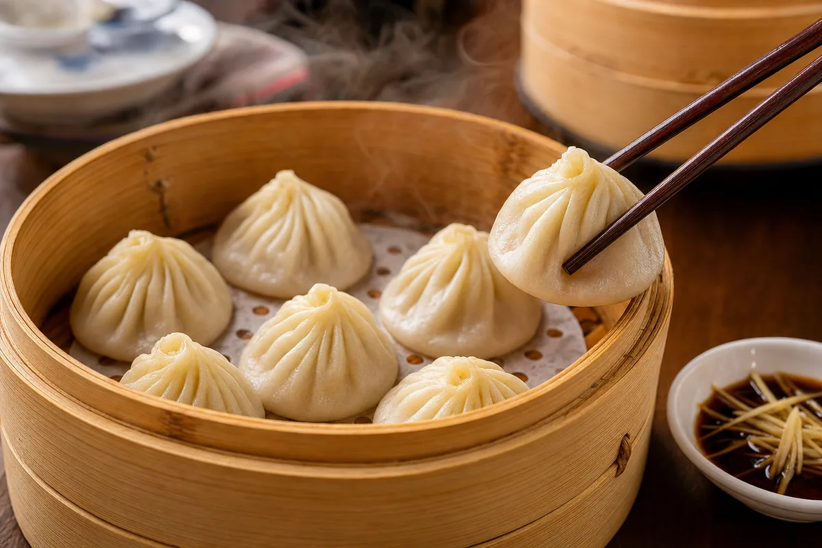Shanghai xiaolongbao soup dumplings in a bamboo steamer with vinegar and ginger