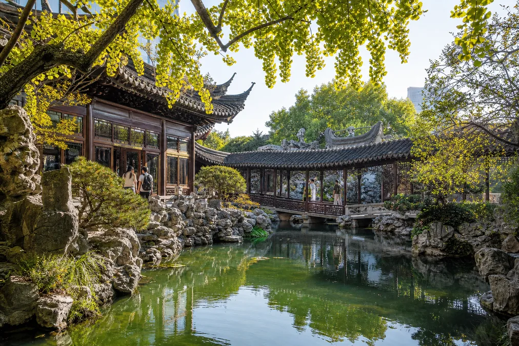 Rockeries, pavilions and a reflecting pond inside Yu Garden in Shanghai