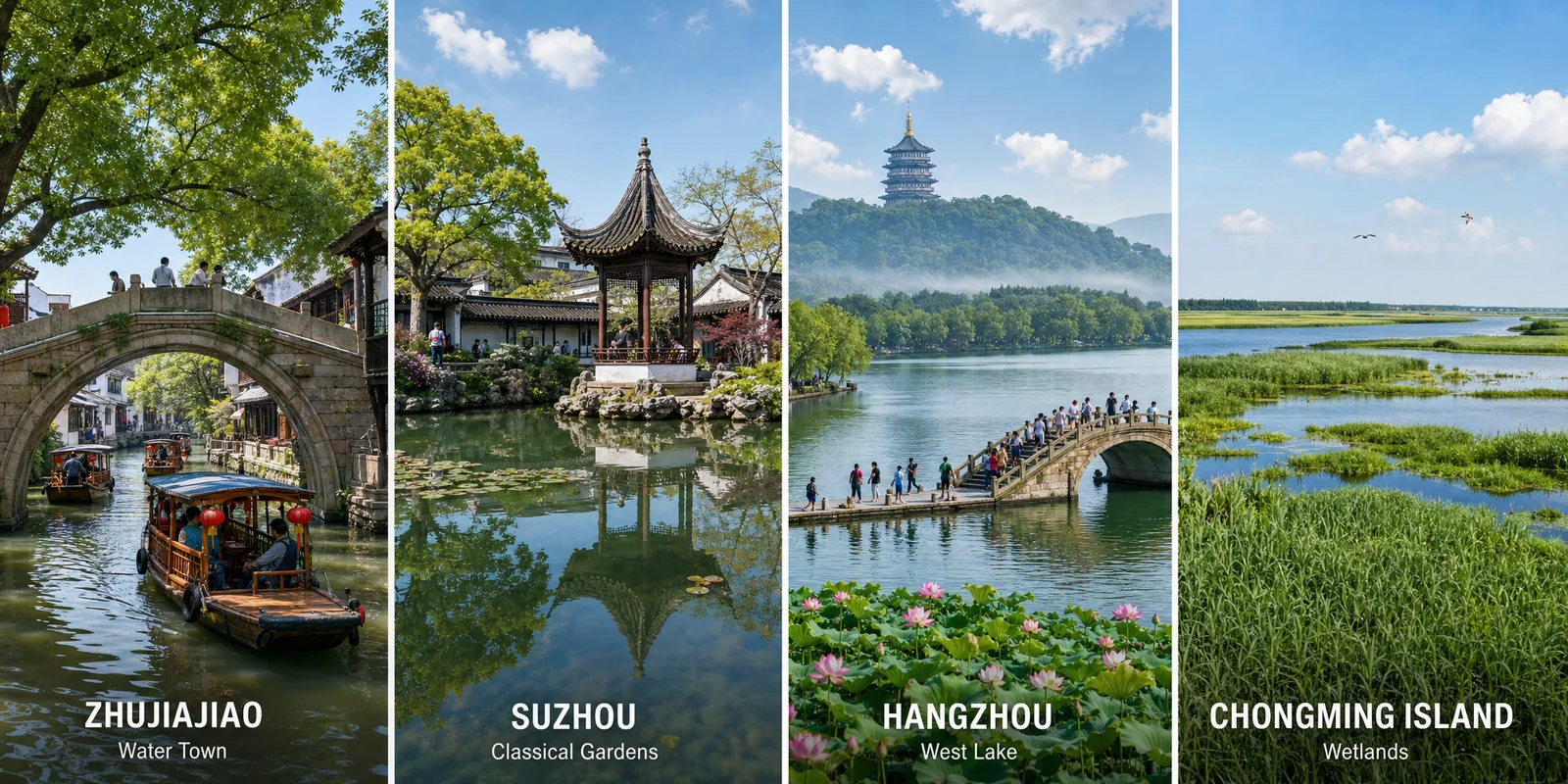 Collage of Shanghai day trip destinations: Zhujiajiao canals, Suzhou garden, Hangzhou West Lake, and Chongming wetlands