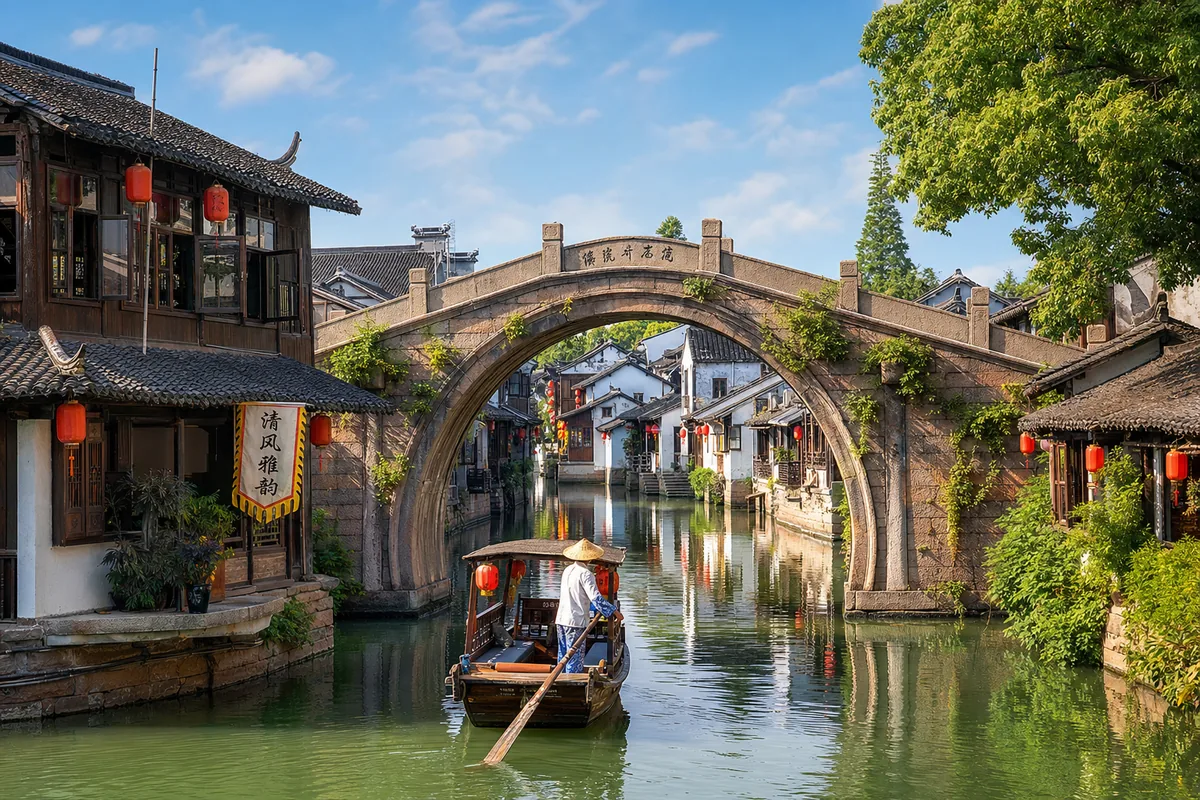 Stone arch bridge over a canal in Zhujiajiao water town with traditional houses and a wooden boat