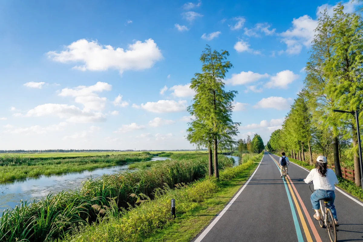 Wetlands and country bike path on Chongming Island with reeds and open sky