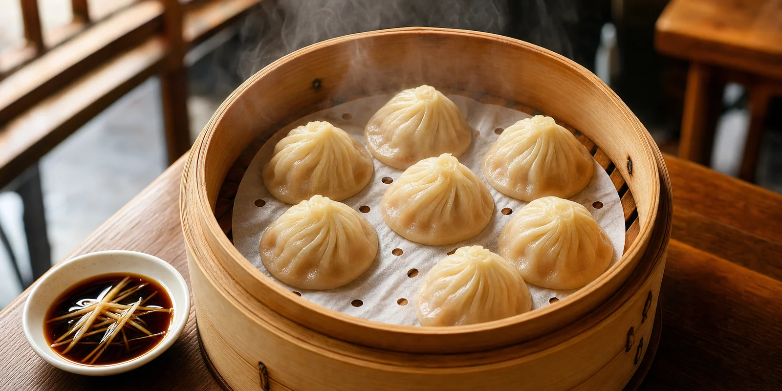 Steaming bamboo basket of Shanghai xiaolongbao soup dumplings with ginger and vinegar