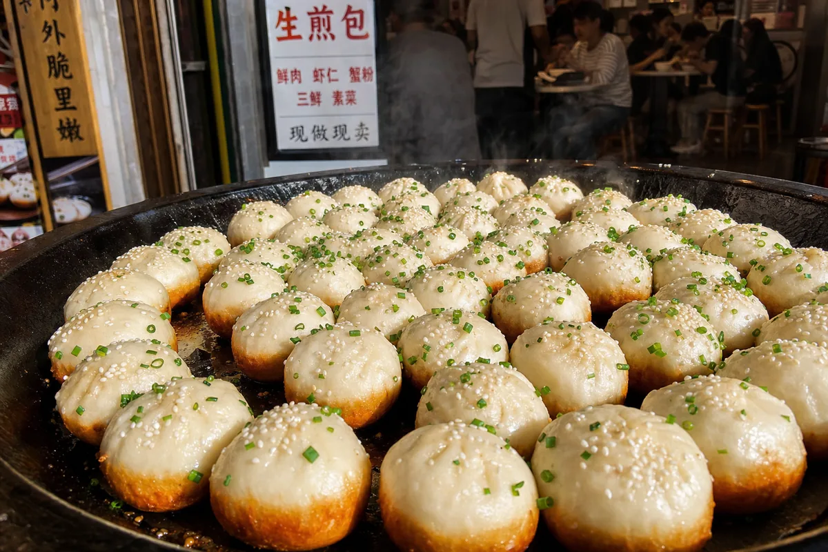 Golden pan-fried shengjianbao buns with sesame and scallion in a large iron pan