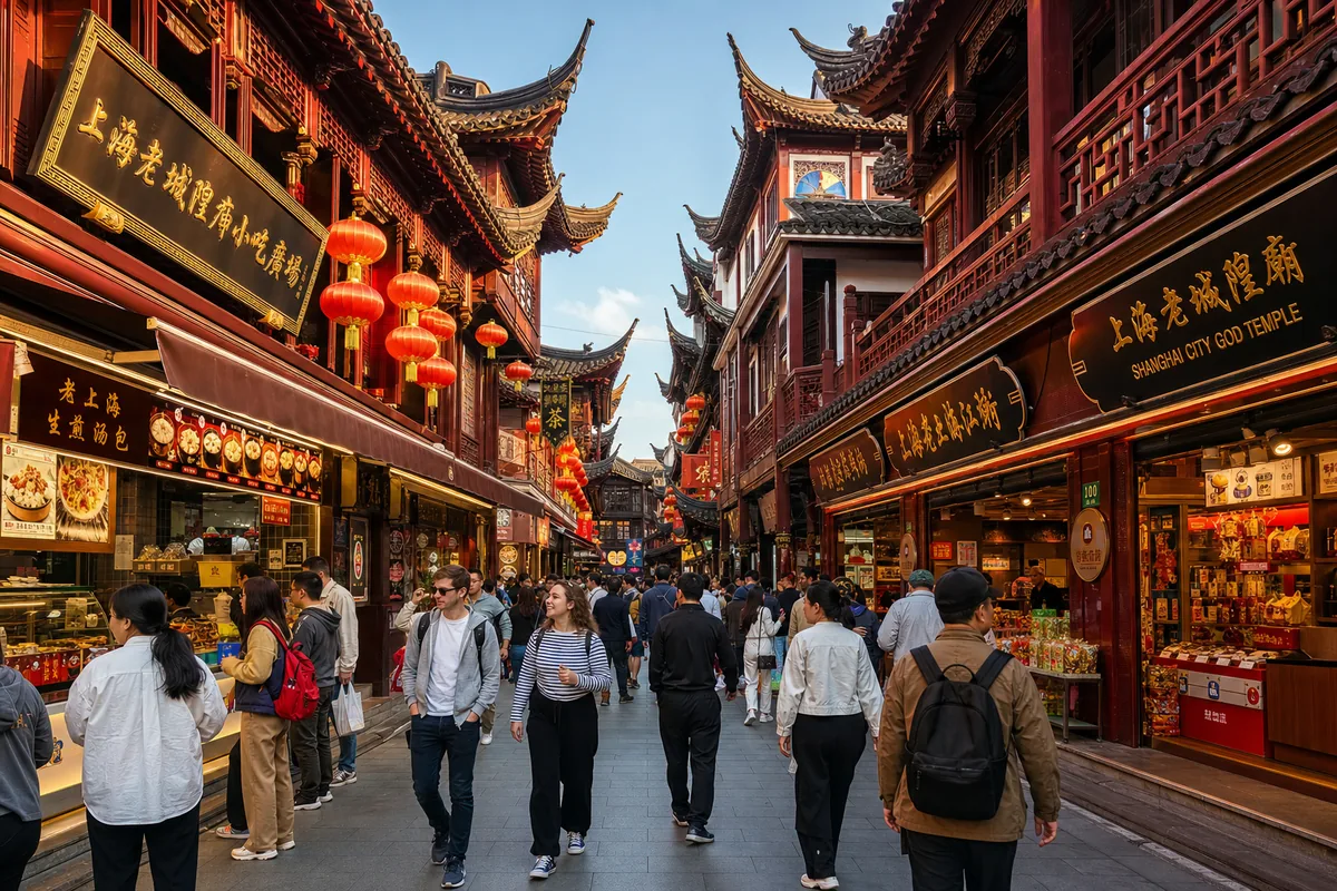 Crowded snack stalls and traditional architecture at Shanghai City God Temple