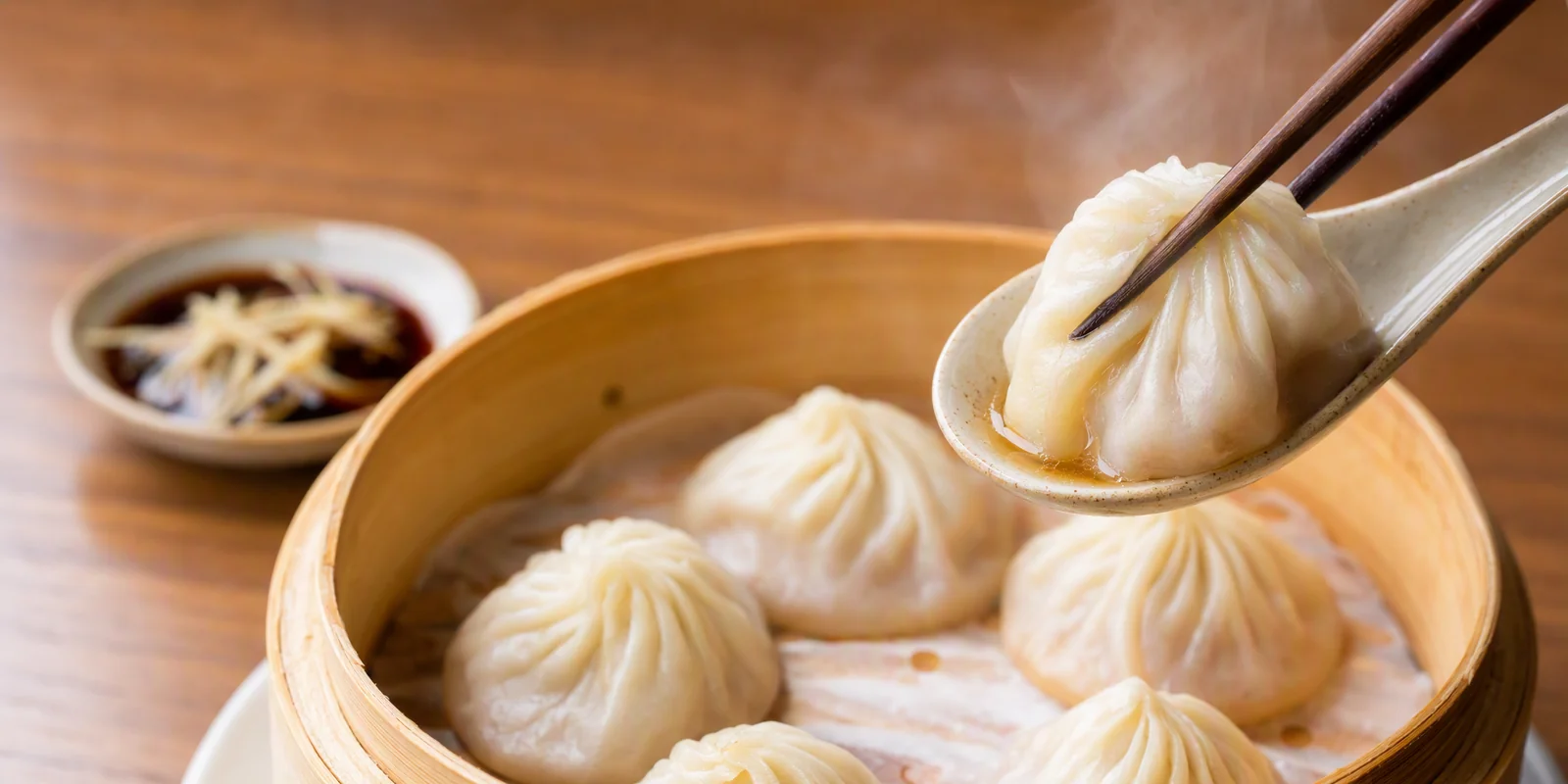 Xiaolongbao soup dumplings in a bamboo steamer, one lifted onto a spoon with chopsticks