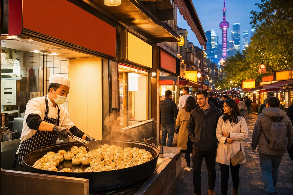 An evening food street in Shanghai with shengjianbao frying in a large pan outside a small restaurant