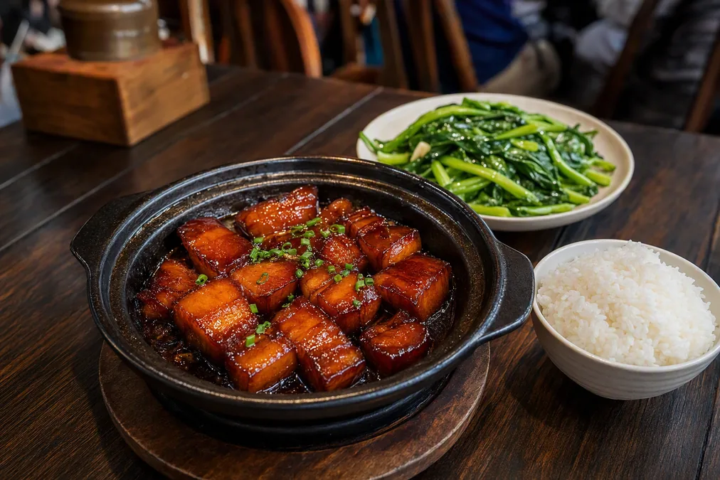 A clay pot of Shanghai-style red-braised pork belly with rice and greens