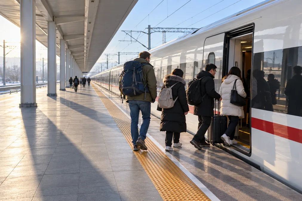Passengers with backpacks boarding a white high-speed train at a platform in northern China