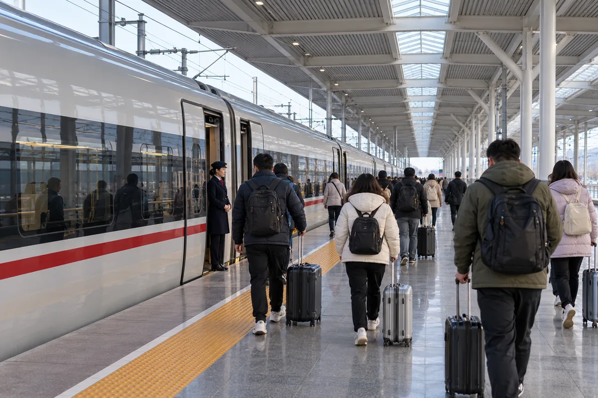 A white high-speed train stopped at a platform at Shenyang North Station, with passengers walking along the platform