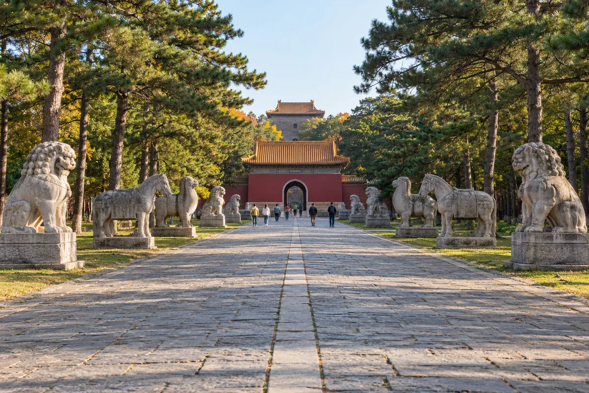 The sacred way at Zhaoling in Beiling Park, Shenyang, with stone animal statues lining a straight path toward a red gate tower