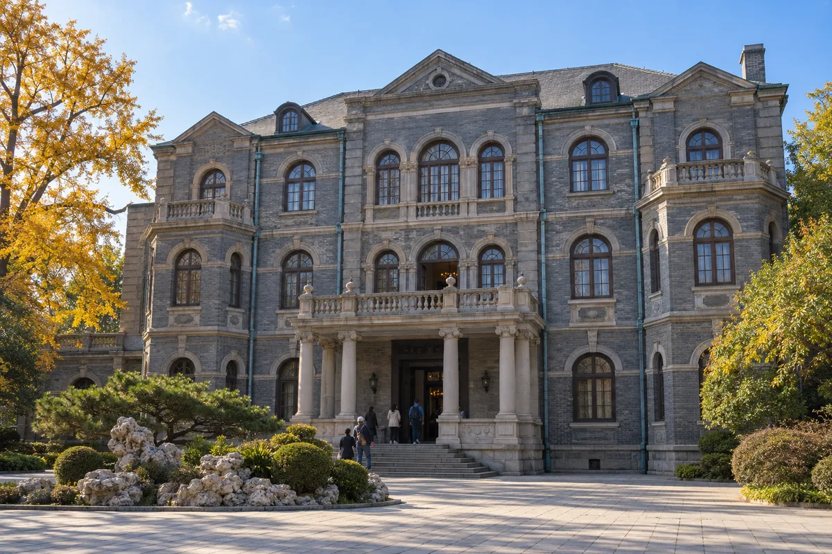 Da Qing Lou, the large blue-grey brick building at Zhang's Mansion in Shenyang, a three-storey grey-brick Western-style mansion behind a courtyard