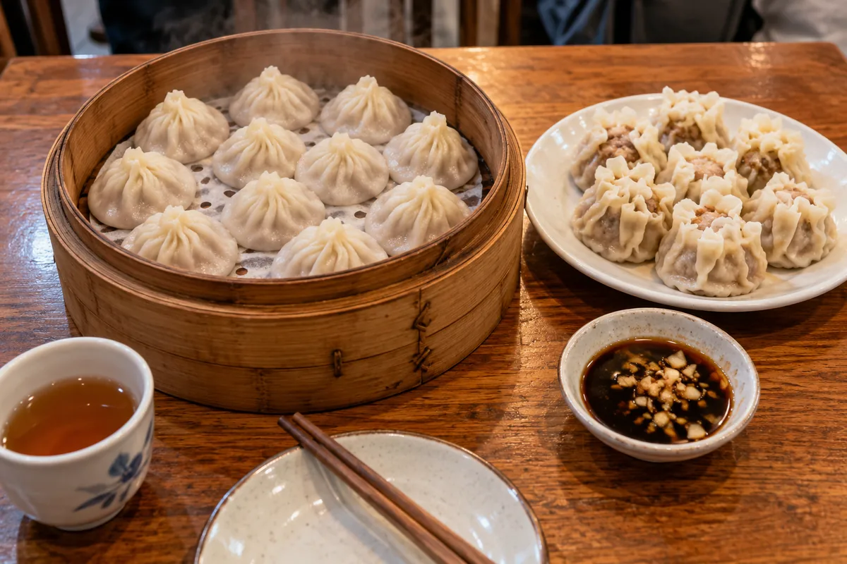 A steamer of Laobian dumplings and a plate of shaomai on a restaurant table in Shenyang, with dipping sauce
