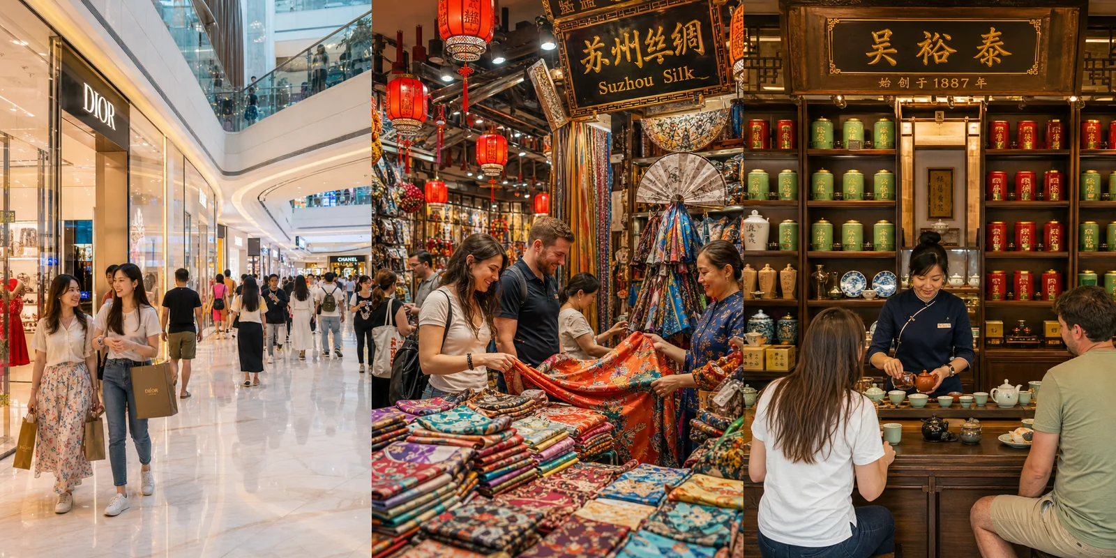 Shopping in China: a modern mall, a busy souvenir market, and a traditional tea shop side by side
