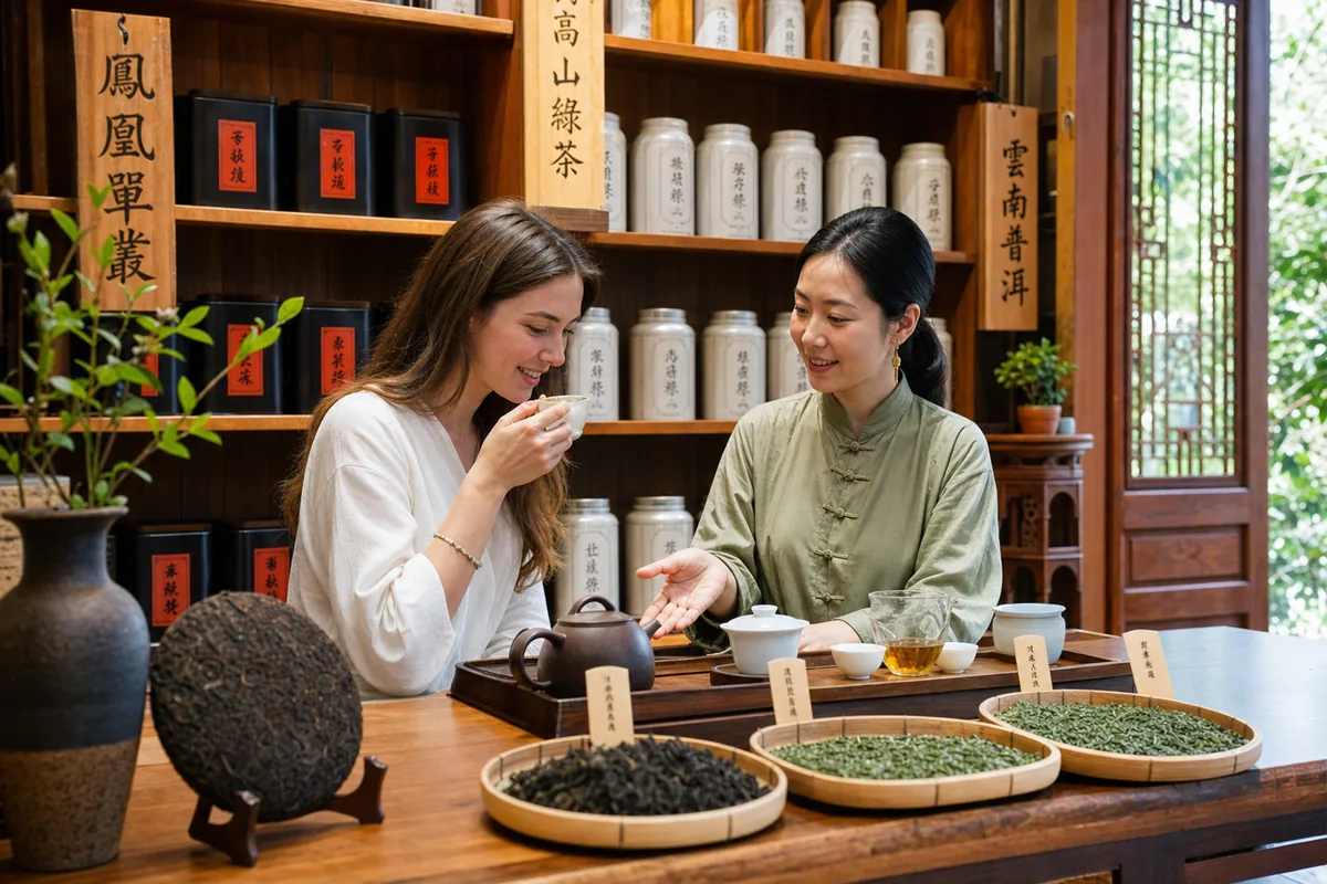 Loose-leaf tea and tea tins on wooden shelves in a Chinese tea shop, with tea sets in the foreground