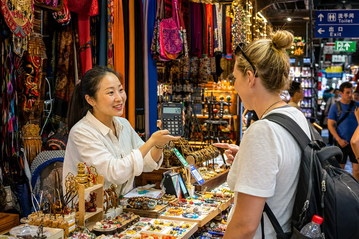 A vendor handing a calculator to a tourist to negotiate a price at a Chinese souvenir market