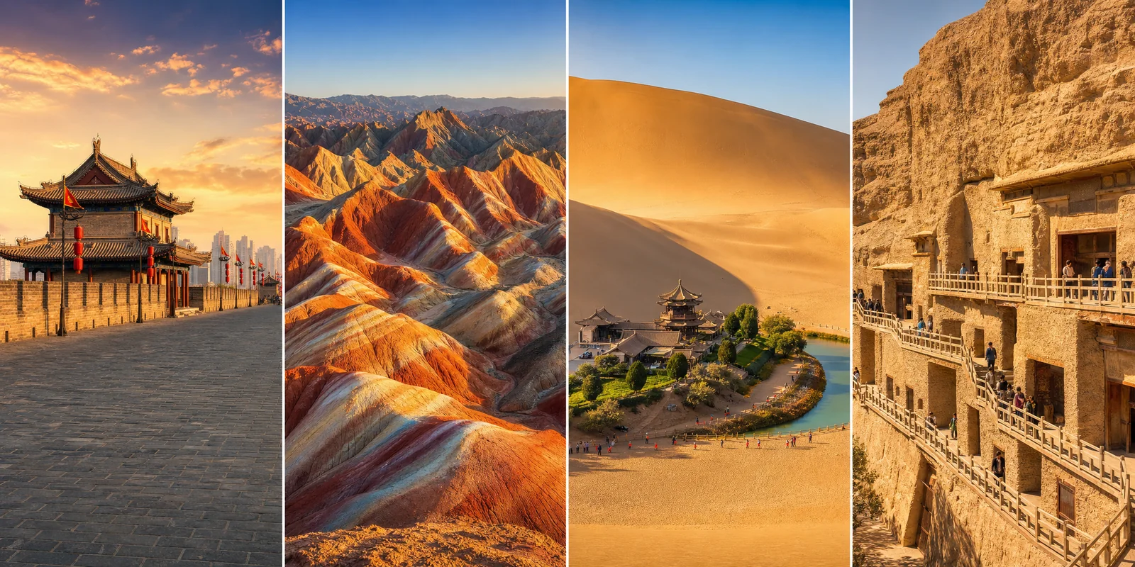 Silk Road China itinerary collage showing Xi'an city wall, Zhangye rainbow Danxia hills, Dunhuang sand dunes, and Mogao Caves