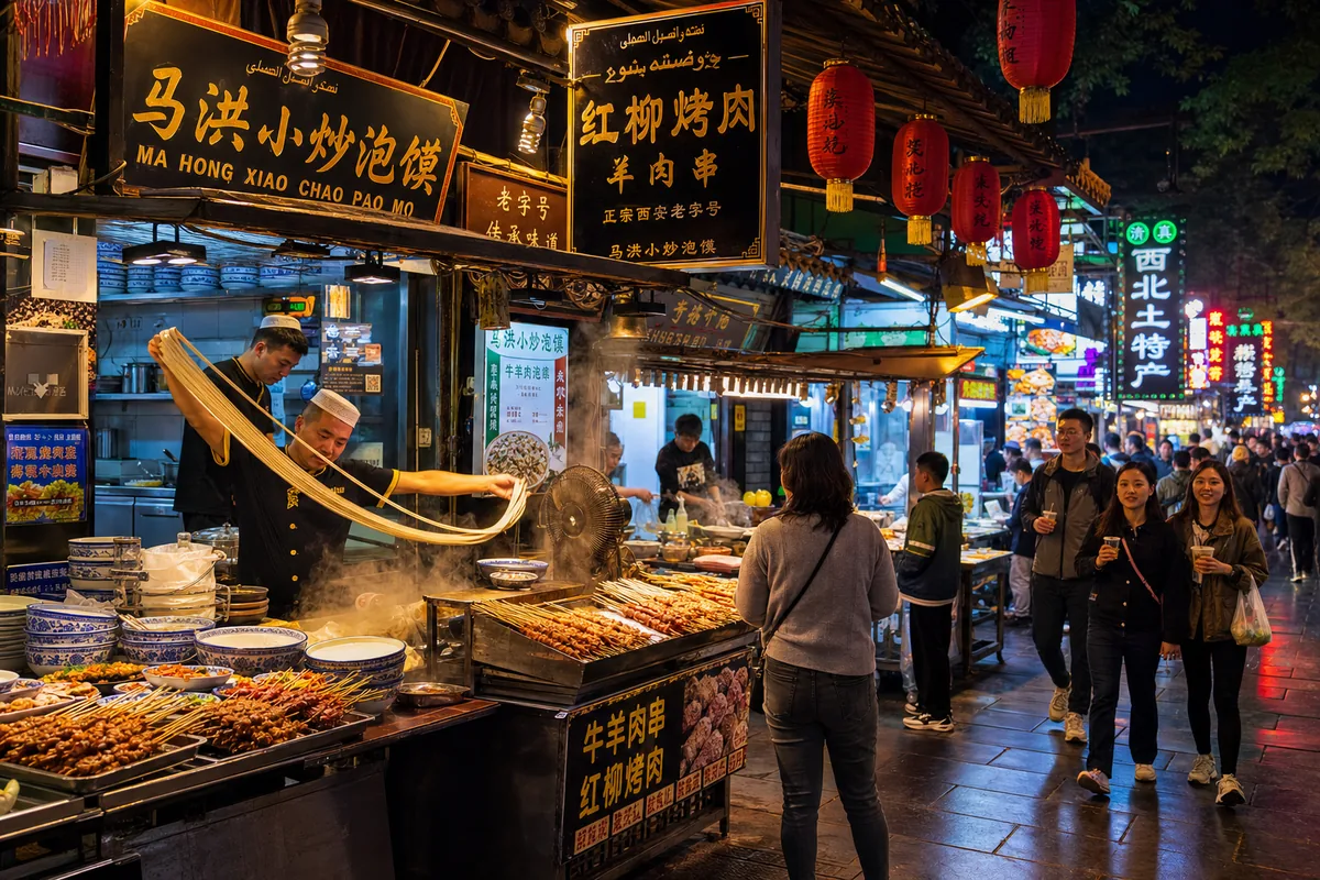 Evening food stalls in Xi'an Muslim Quarter with lamb skewers and crowds