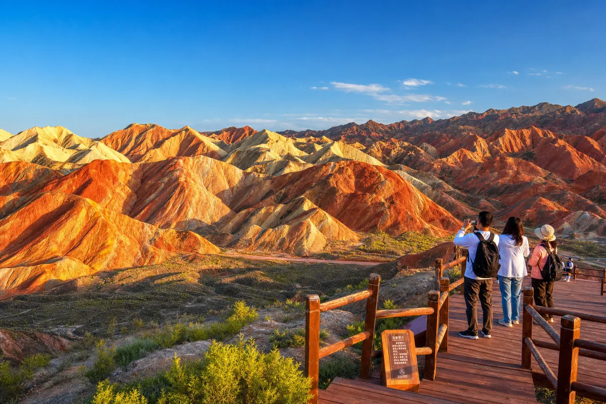Zhangye rainbow Danxia landforms with red and orange striped hills at sunset