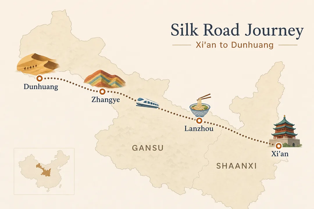 Map of the Silk Road route from Xi'an through Lanzhou and Zhangye to Dunhuang