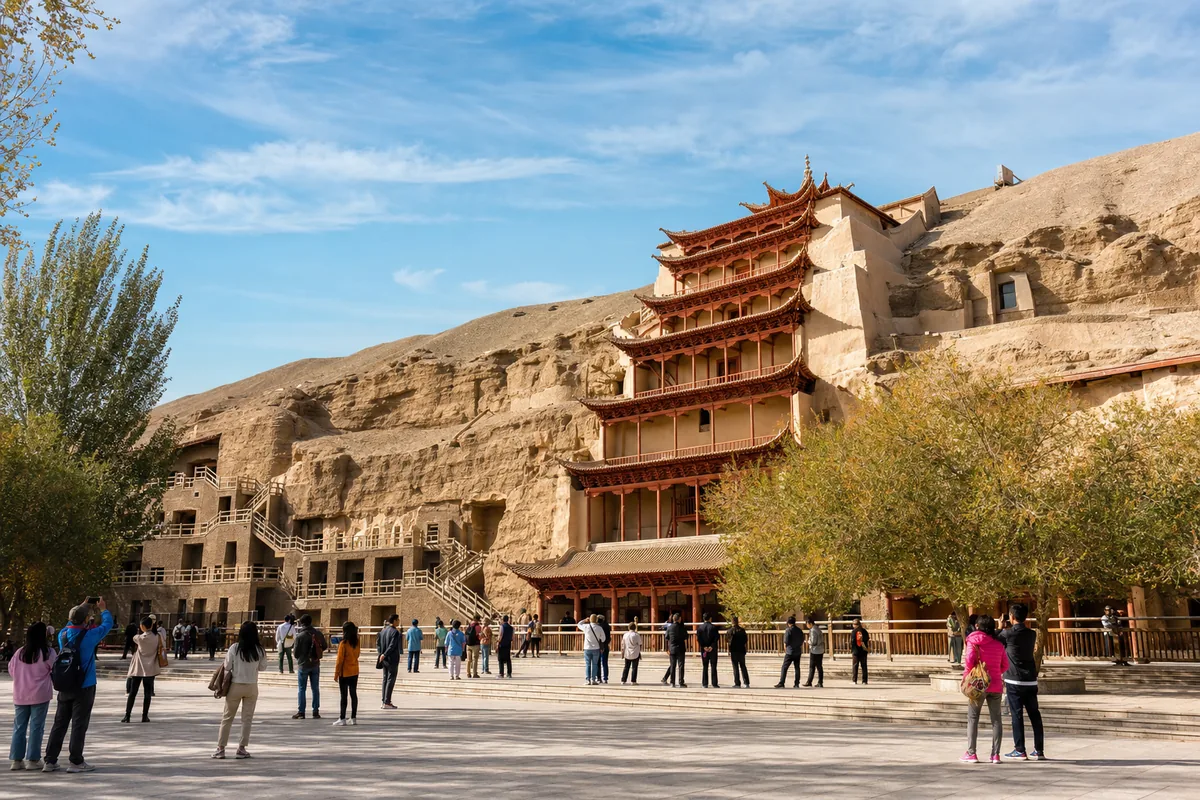Exterior cliff face of the Mogao Caves in Dunhuang with rows of cave openings