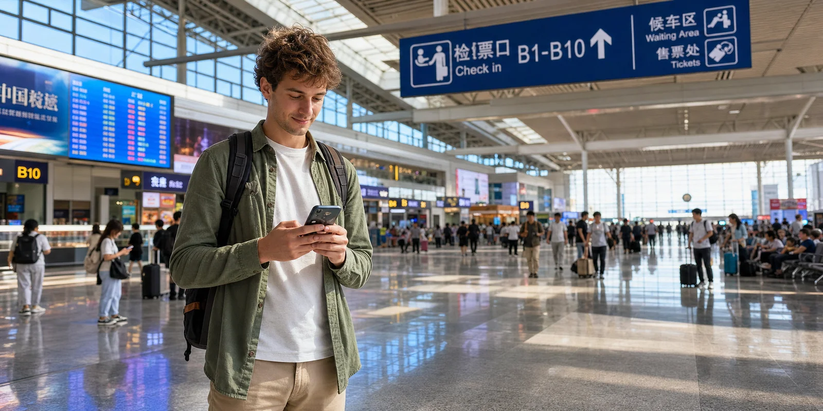 Solo traveler with a backpack checking a phone map at a Chinese train station