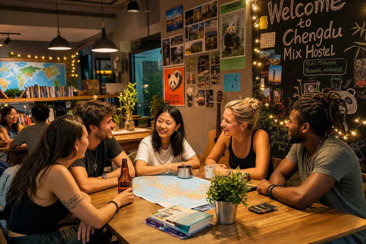 Travelers from different countries chatting in a hostel common room in China