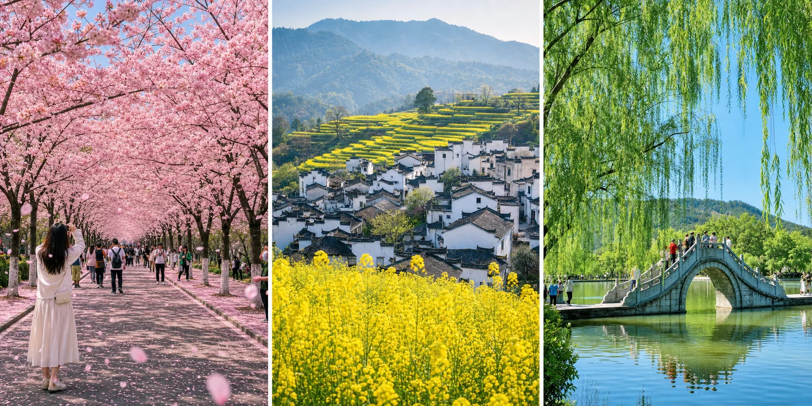 Spring travel in China: cherry blossom avenue in Wuhan, yellow rapeseed terraces in Wuyuan, and willows along Hangzhou's West Lake