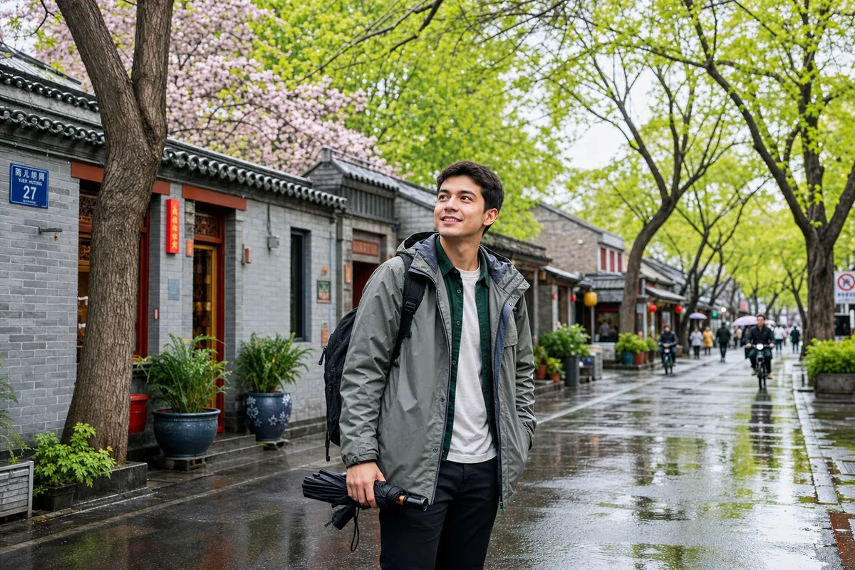 Traveler dressed in spring layers with a light jacket and folding umbrella on a Chinese city street