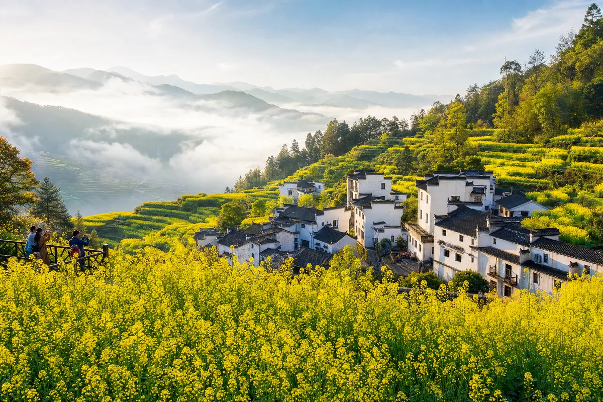 Yellow rapeseed flower terraces and white Huizhou-style village in Wuyuan, Jiangxi