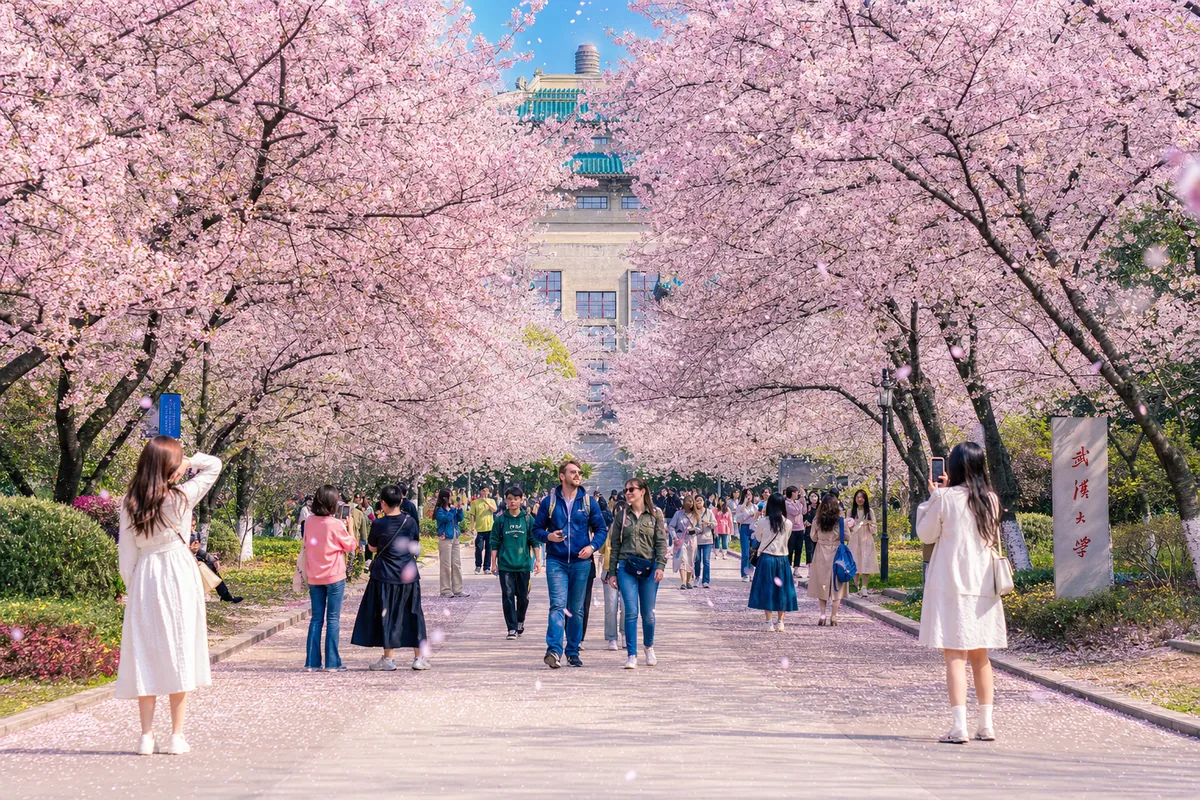 Cherry blossoms in full bloom along a tree-lined avenue at Wuhan University