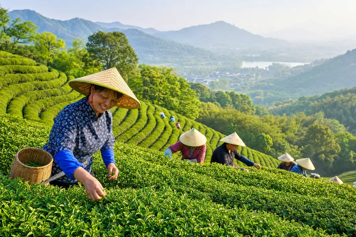 Tea pickers harvesting Longjing green tea on terraced hills near Hangzhou in spring