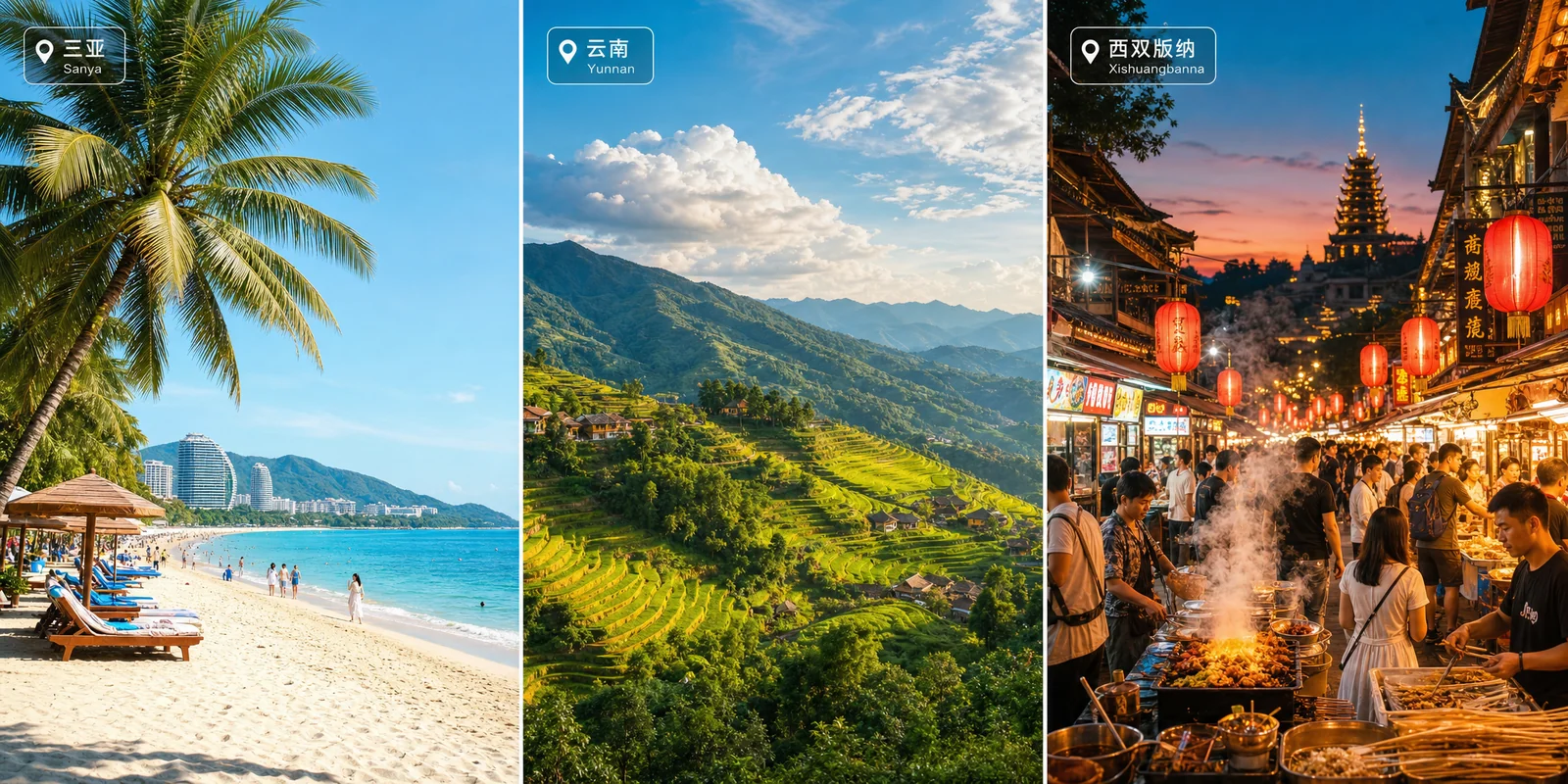 Summer travel in China collage: Sanya tropical beach, green Yunnan highlands, and a lively city night market
